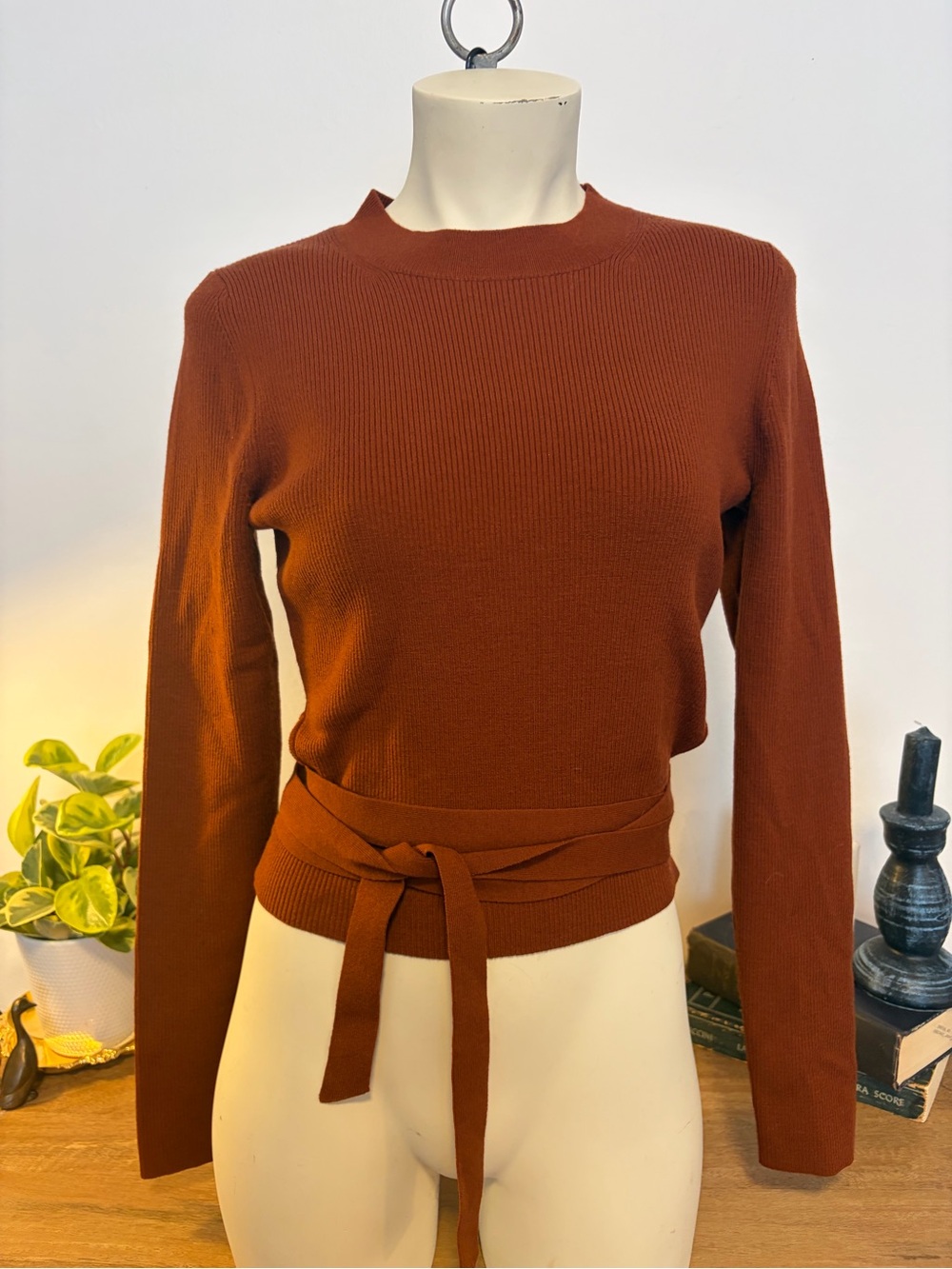 Aritzia Wilfred Merino Wool Open Back Tie Wrap Sweater Terracotta Rust L